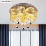 Modern Pink/Gold Clover Flush Ceiling Light With Crystal Flowers - Romantic Fabric Parlor Led