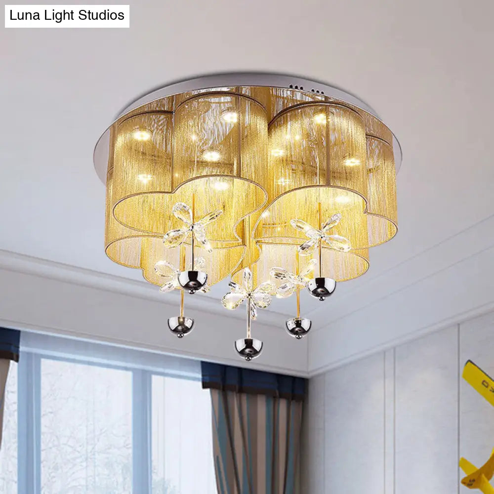 Modern Pink/Gold Clover Flush Ceiling Light With Crystal Flowers - Romantic Fabric Parlor Led