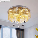 Modern Pink/Gold Clover Flush Ceiling Light With Crystal Flowers - Romantic Fabric Parlor Led