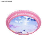 Modern Pink Led Ceiling Flush Light With Crystal Trim - Night Sky Pattern