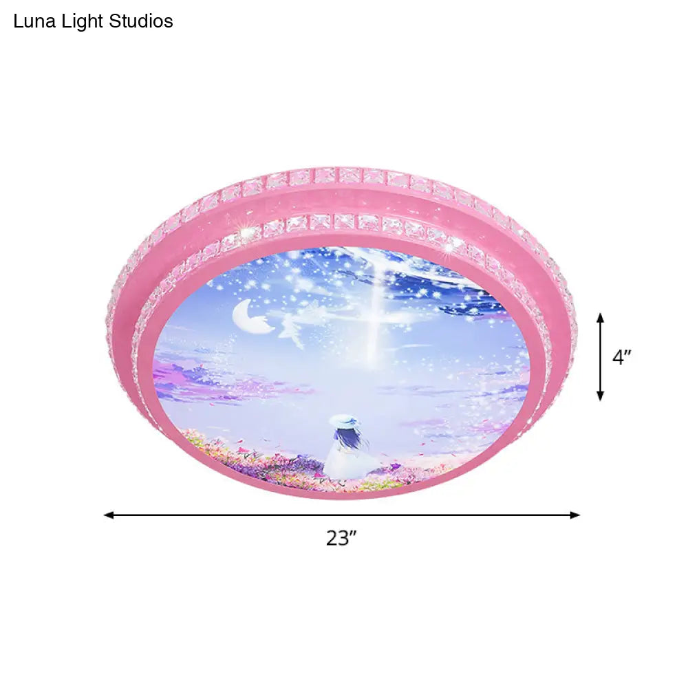 Modern Pink Led Ceiling Flush Light With Crystal Trim - Night Sky Pattern