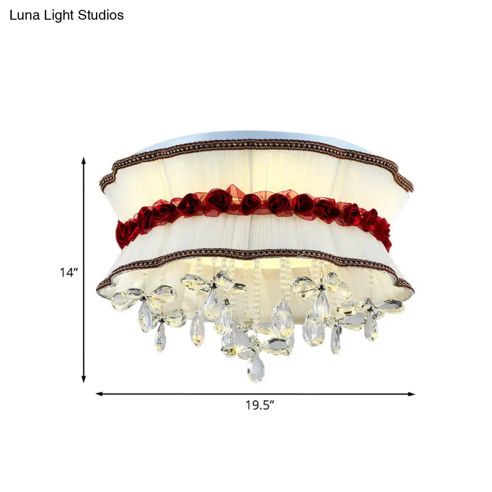 Modern Pleated Fabric Bouquet Flush Mount Led Ceiling Light In Beige With Red Rose Accent And