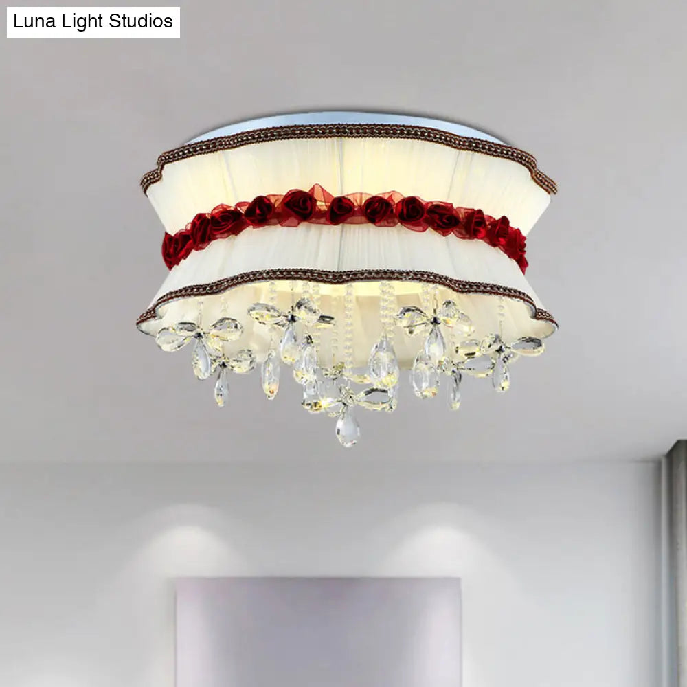 Modern Pleated Fabric Bouquet Flush Mount Led Ceiling Light In Beige With Red Rose Accent And