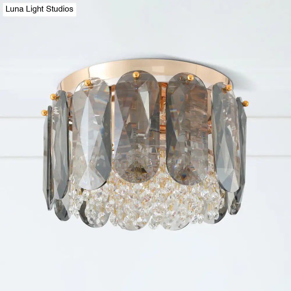 Modern Porch Ceiling Flush Light With Elliptical Clear Crystal Drum Design - 3 Bulbs Included