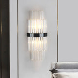 Modern Prism Crystal Wall Mount Lamp With 2 Tiers Bulbs And Black Half-Cylinder Shade