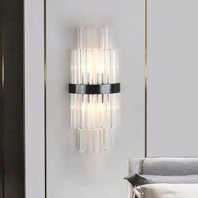 Modern Prism Crystal Wall Mount Lamp With 2 Tiers Bulbs And Black Half-Cylinder Shade