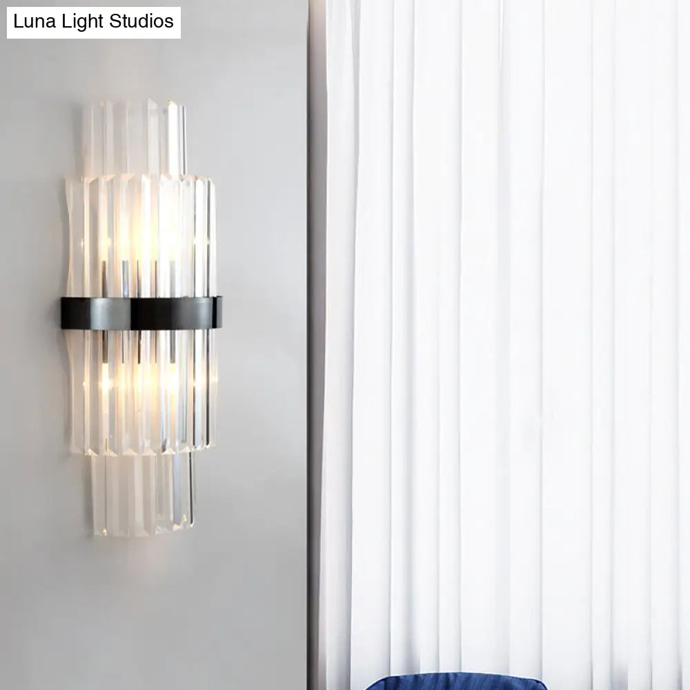Modern Prism Crystal Wall Mount Lamp With 2 Tiers Bulbs And Black Half-Cylinder Shade