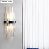 Modern Prism Crystal Wall Mount Lamp With 2 Tiers Bulbs And Black Half-Cylinder Shade