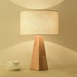 Modern Prismatic Wooden Table Lamp With Beige Night Light And White Fabric Shade