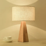 Modern Prismatic Wooden Table Lamp With Beige Night Light And White Fabric Shade