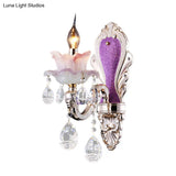 Modern Purple Candelabra Wall Mount Light With Crystal Drop - 1/2 Lights Jade Sconce Fixture