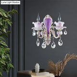 Modern Purple Candelabra Wall Mount Light With Crystal Drop - 1/2 Lights Jade Sconce Fixture