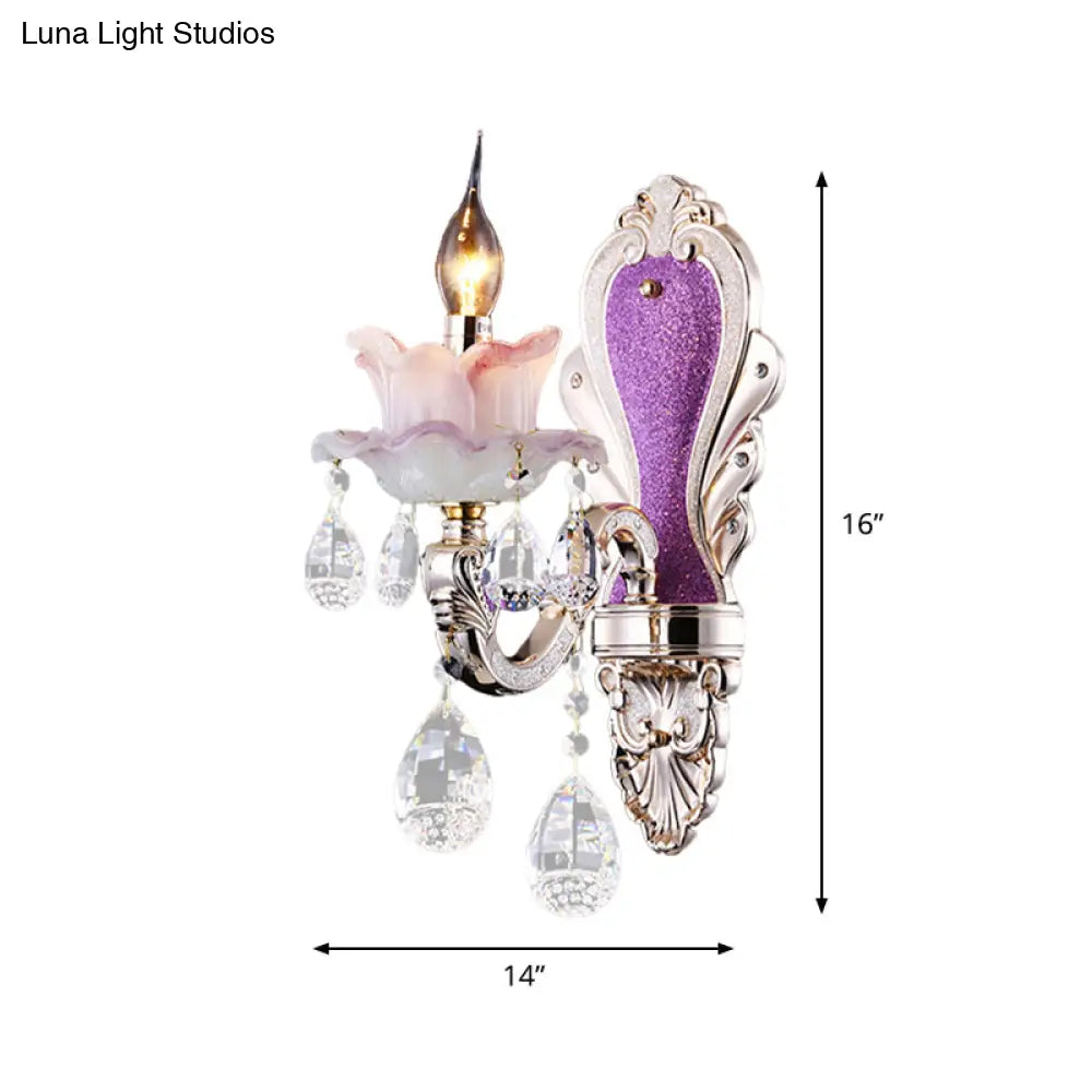 Modern Purple Candelabra Wall Mount Light With Crystal Drop - 1/2 Lights Jade Sconce Fixture