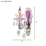 Modern Purple Candelabra Wall Mount Light With Crystal Drop - 1/2 Lights Jade Sconce Fixture