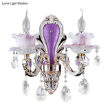 Modern Purple Candelabra Wall Mount Light With Crystal Drop - 1/2 Lights Jade Sconce Fixture