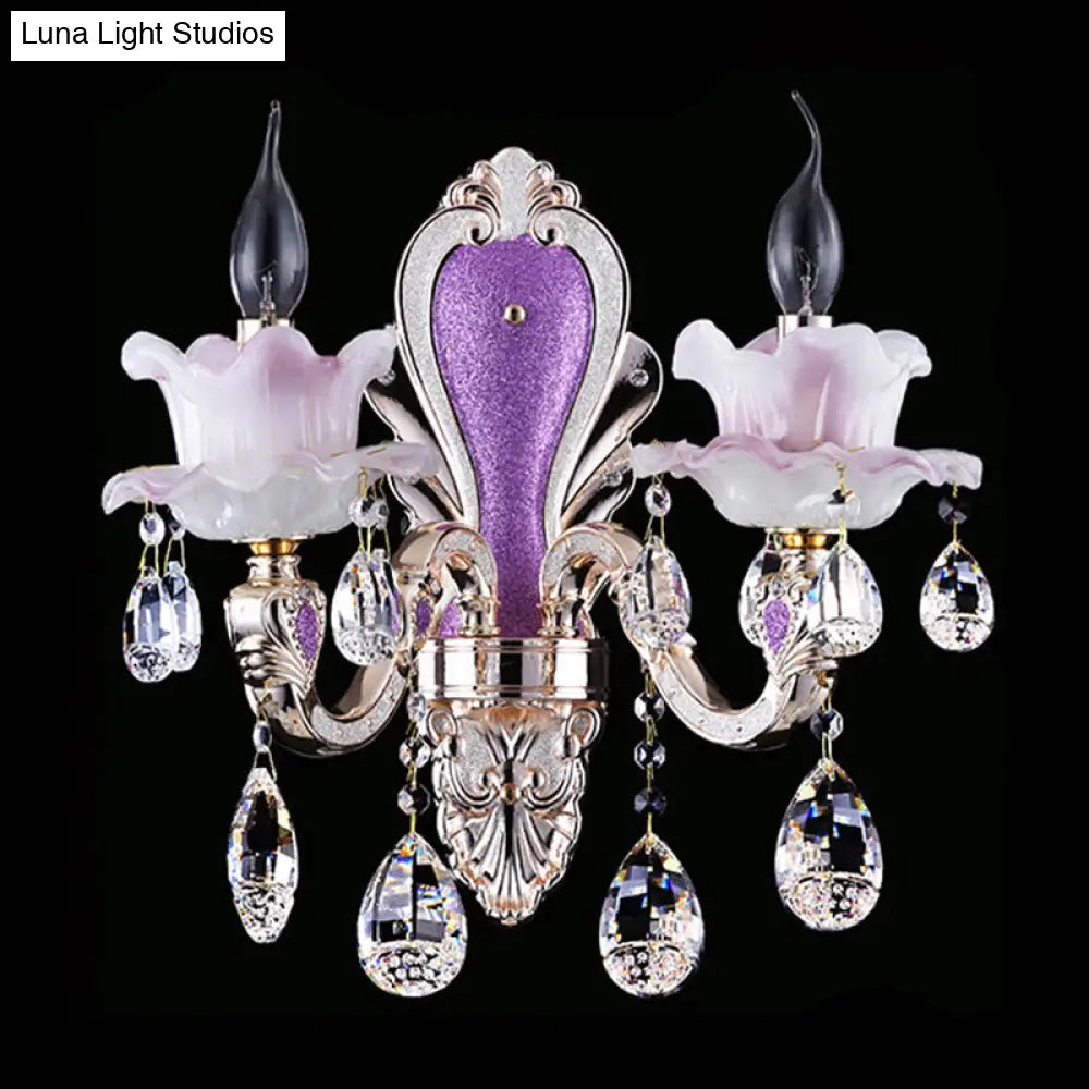 Modern Purple Candelabra Wall Mount Light With Crystal Drop - 1/2 Lights Jade Sconce Fixture