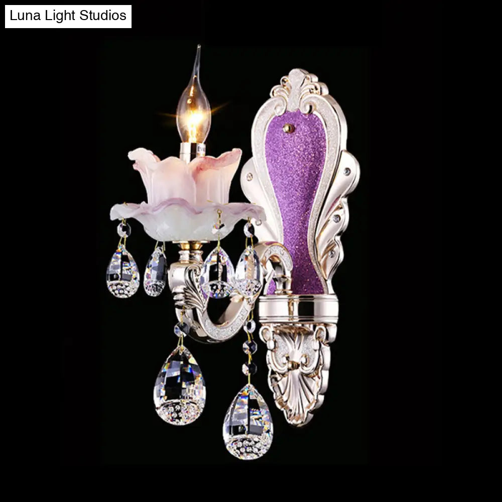 Modern Purple Candelabra Wall Mount Light With Crystal Drop - 1/2 Lights Jade Sconce Fixture