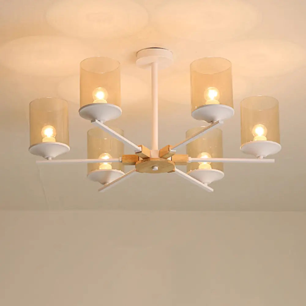 Modern Radial Iron Ceiling Chandelier - 6 Head White/Green With Wood Accents Cylinder Tan Glass