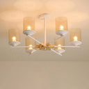 Modern Radial Iron Ceiling Chandelier - 6 Head White/Green With Wood Accents Cylinder Tan Glass