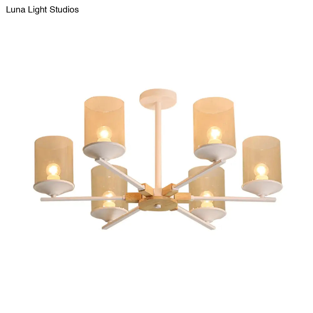Modern Radial Iron Ceiling Chandelier - 6 Head White/Green With Wood Accents Cylinder Tan Glass