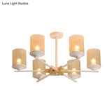 Modern Radial Iron Ceiling Chandelier - 6 Head White/Green With Wood Accents Cylinder Tan Glass