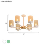 Modern Radial Iron Ceiling Chandelier - 6 Head White/Green With Wood Accents Cylinder Tan Glass