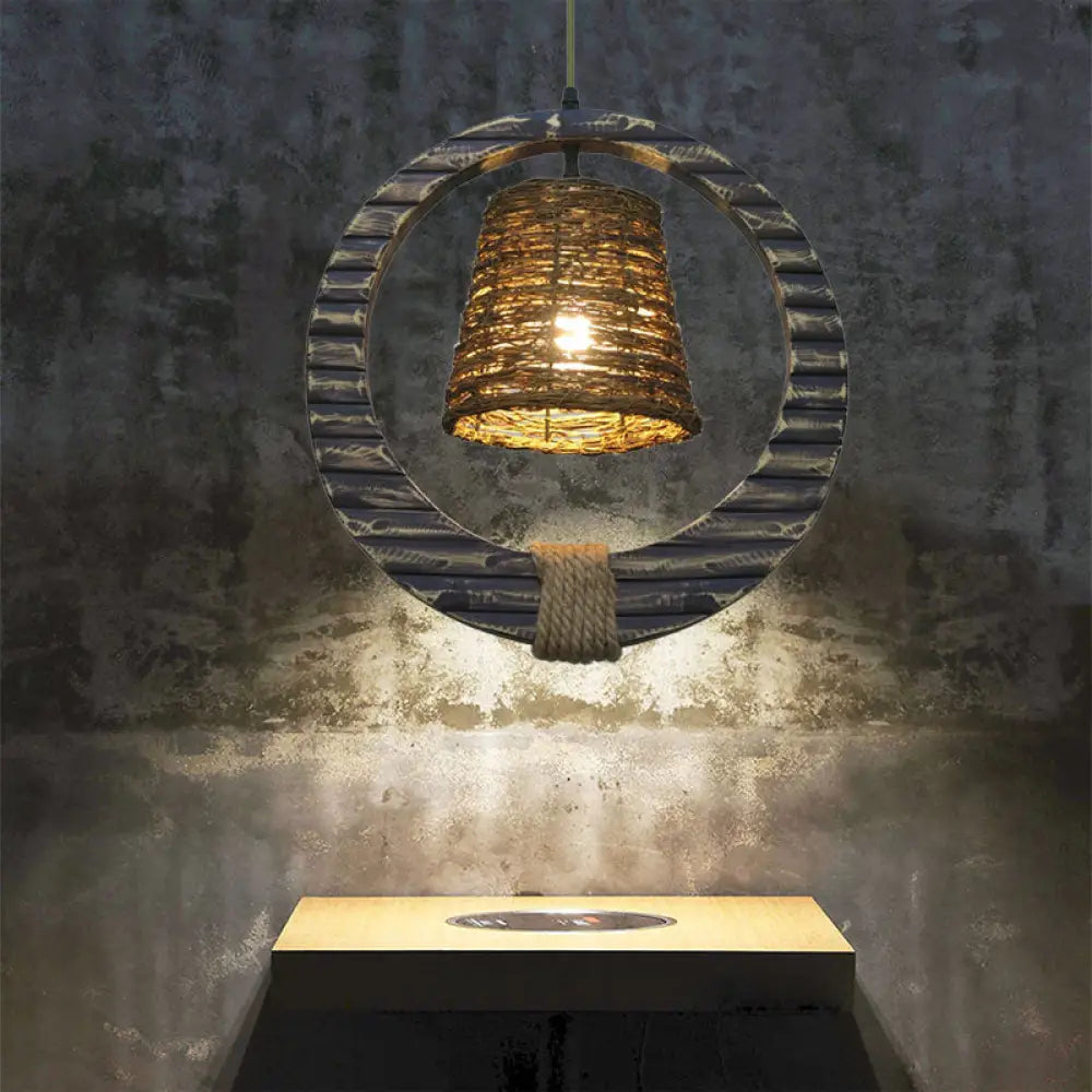 Modern Rattan Conical Hanging Light Brown Pendant Lamp With Wooden Vertical Ring