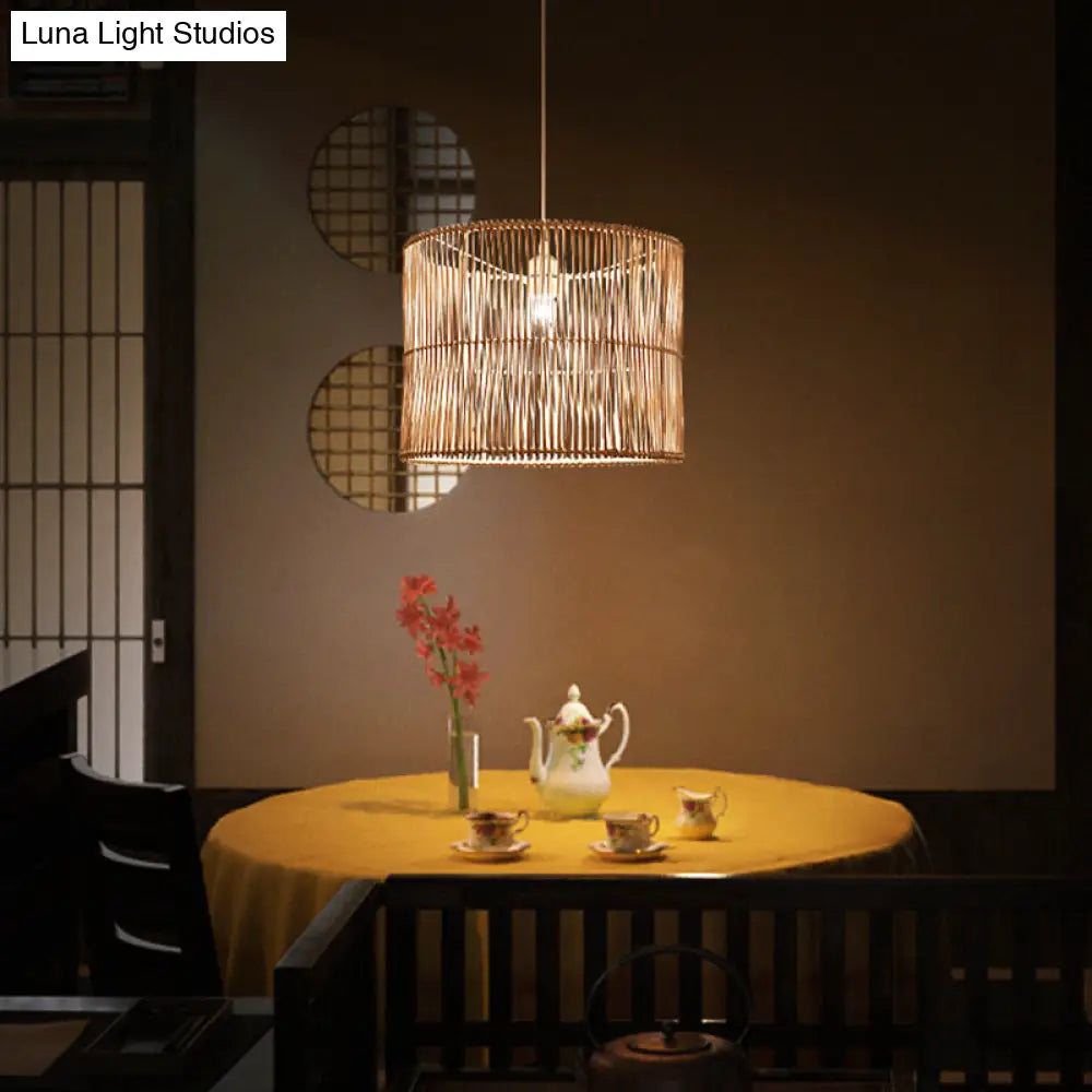 Modern Rattan Drum Shaded Pendant Light For Restaurant Ceiling