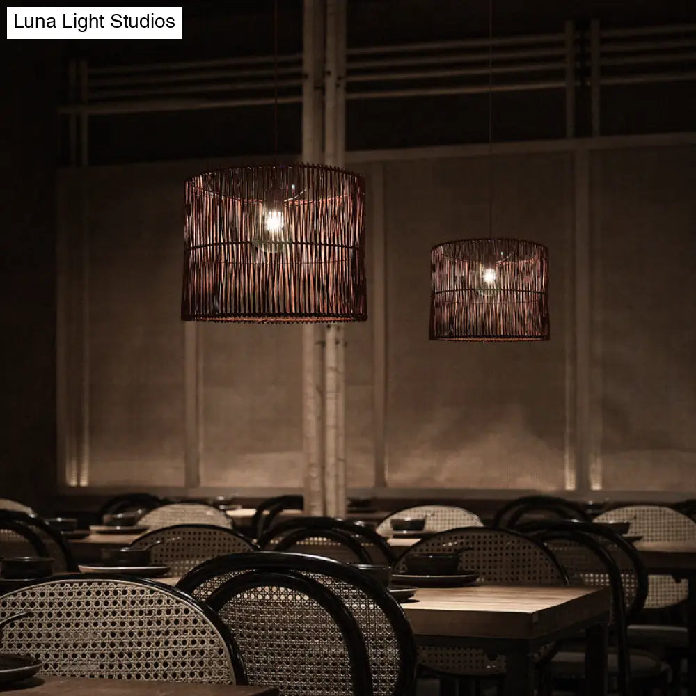 Modern Rattan Drum Shaded Pendant Light For Restaurant Ceiling