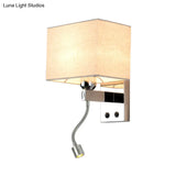 Modern Rectangular Fabric Led Wall Sconce In Chrome For Bedside Lighting