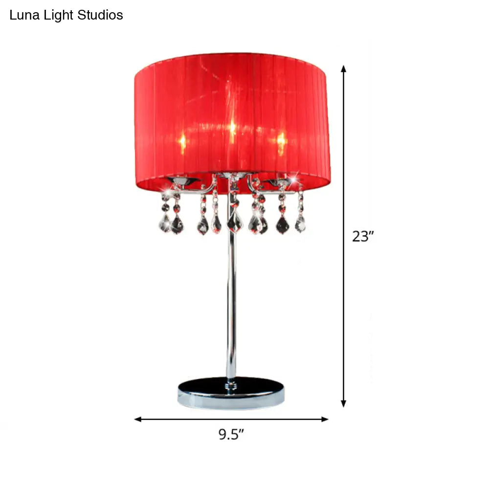 Modern Red Cylinder Desk Light With Crystal Teardrop Elegant 1-Bulb Table Lamp