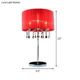 Modern Red Cylinder Desk Light With Crystal Teardrop Elegant 1-Bulb Table Lamp