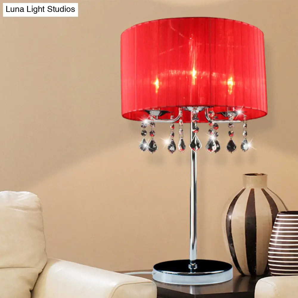 Modern Red Cylinder Desk Light With Crystal Teardrop Elegant 1-Bulb Table Lamp