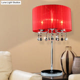 Modern Red Cylinder Desk Light With Crystal Teardrop Elegant 1-Bulb Table Lamp