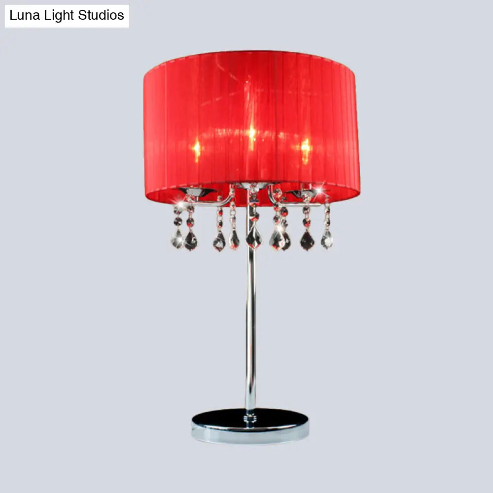 Modern Red Cylinder Desk Light With Crystal Teardrop Elegant 1-Bulb Table Lamp