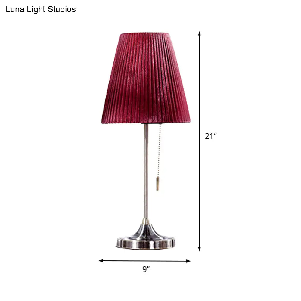 Modern Red Tapered Nightstand Lamp With 1 Bulb Pull Chain And Fabric Shade