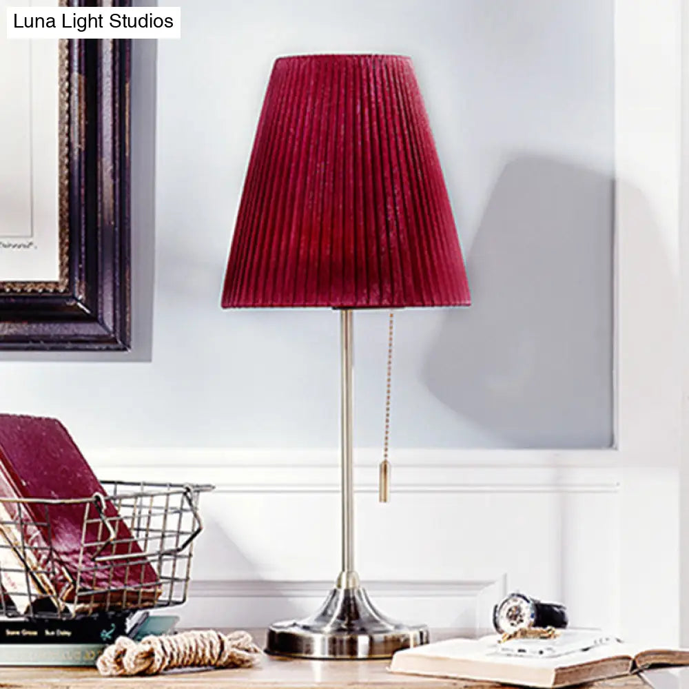 Modern Red Tapered Nightstand Lamp With 1 Bulb Pull Chain And Fabric Shade