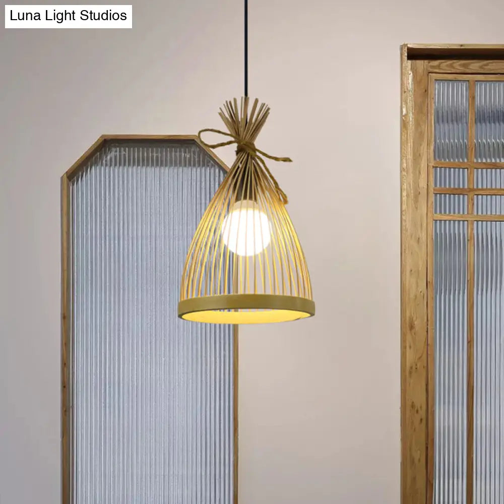 Modern Restaurant Pendant Lamp: Conical Bamboo Shade Black/Beige Hanging Ceiling Light (8/10 W)