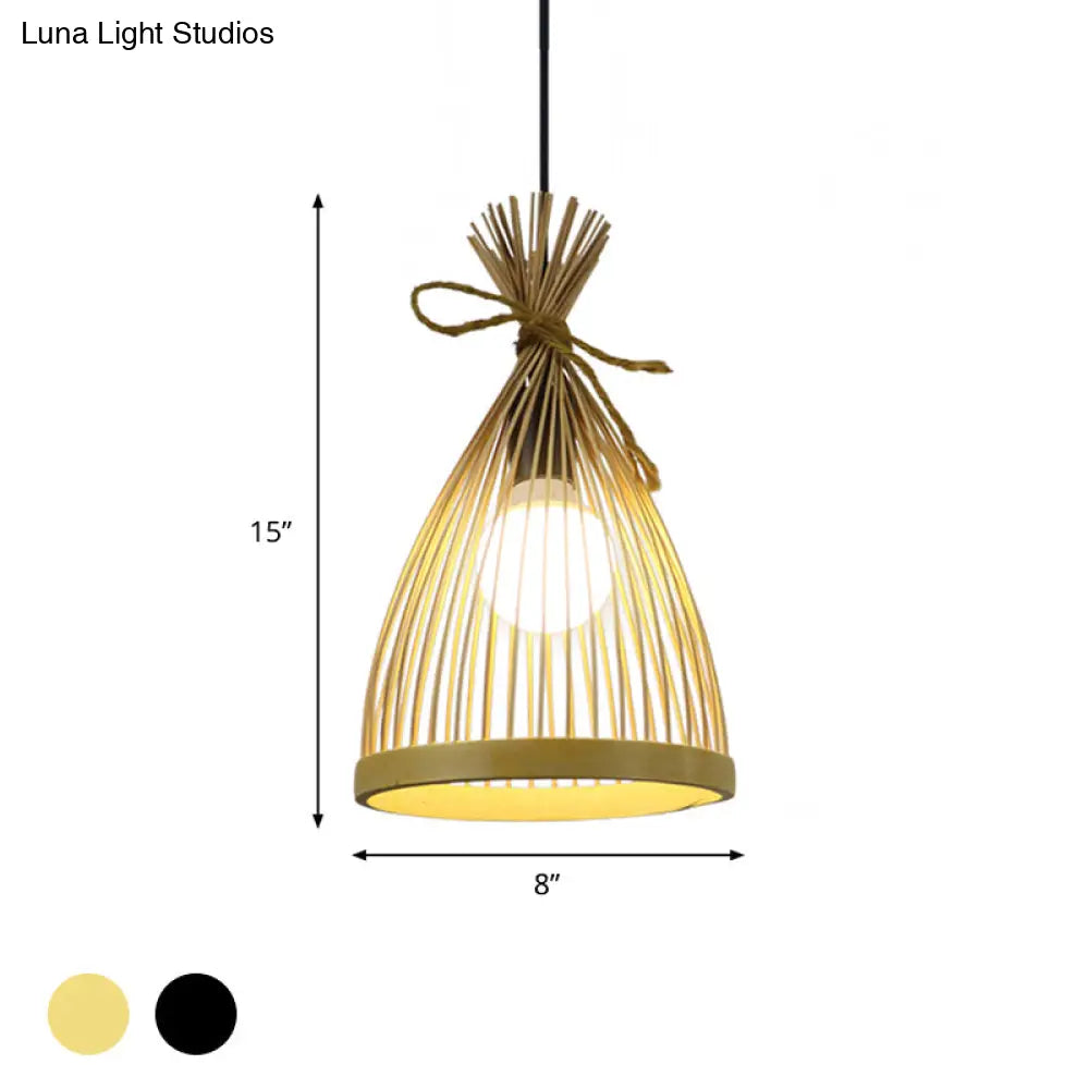 Modern Restaurant Pendant Lamp: Conical Bamboo Shade Black/Beige Hanging Ceiling Light (8/10 W)