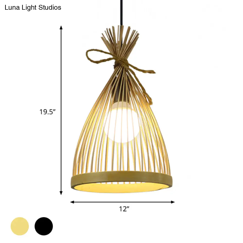 Modern Restaurant Pendant Lamp: Conical Bamboo Shade Black/Beige Hanging Ceiling Light (8/10 W)