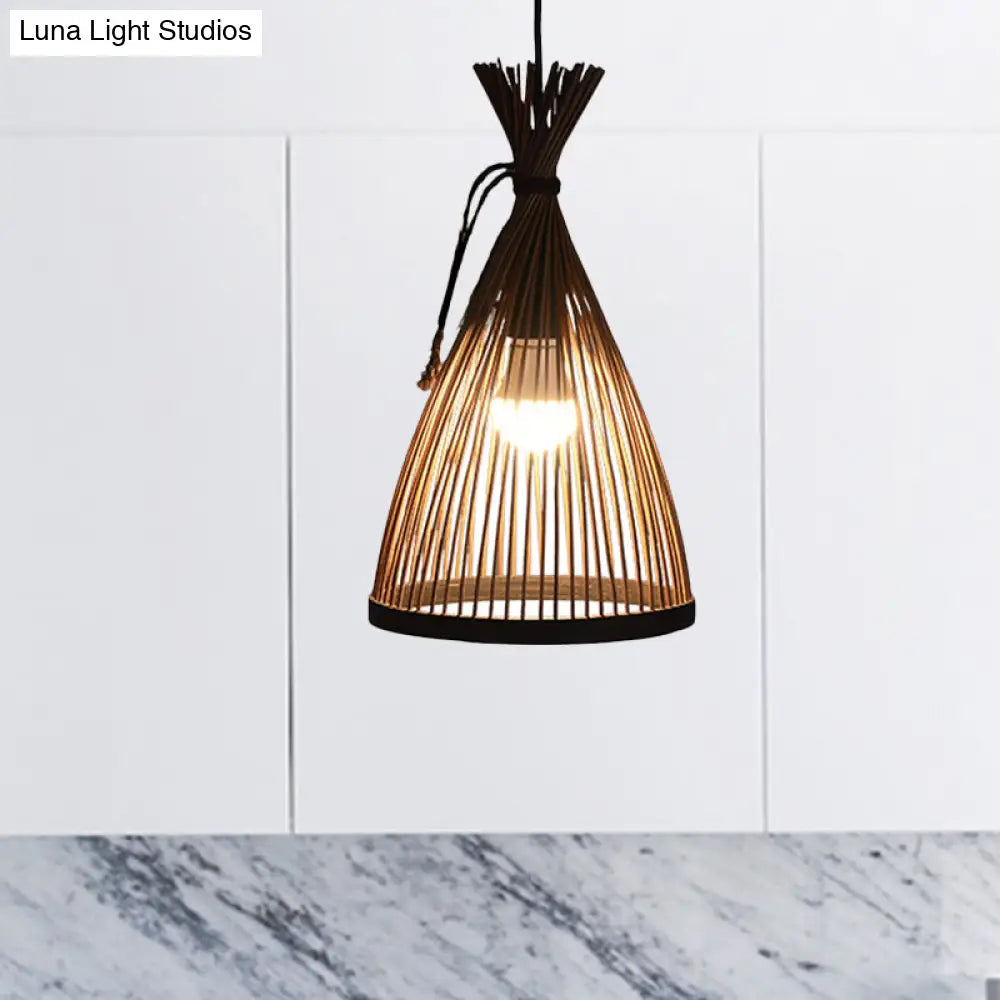 Modern Restaurant Pendant Lamp: Conical Bamboo Shade Black/Beige Hanging Ceiling Light (8/10 W)