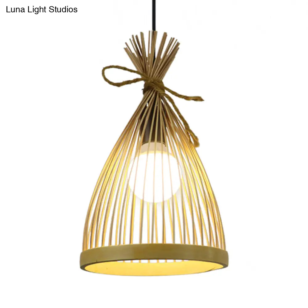 Modern Restaurant Pendant Lamp: Conical Bamboo Shade Black/Beige Hanging Ceiling Light (8/10 W)