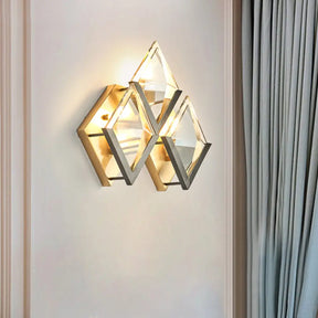 Modern Rhombus Wall Sconce Light With Clear Crystal And Metal Accents - 3 Lights Golden Finish Gold
