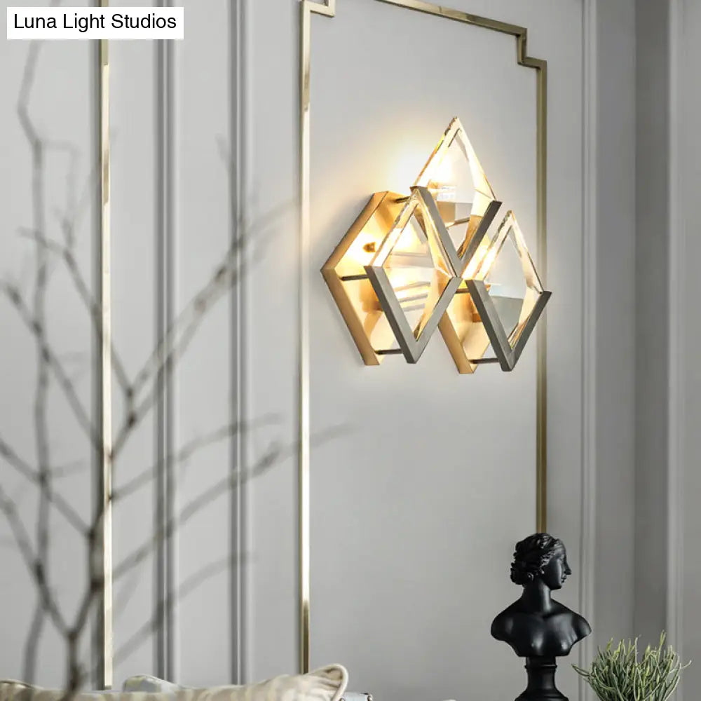 Modern Rhombus Wall Sconce Light With Clear Crystal And Metal Accents - 3 Lights Golden Finish