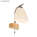 Modern Ribbed Glass Flared Sconce Light Fixture With Pull Chain And Wood Backplate - 1 Head Wall