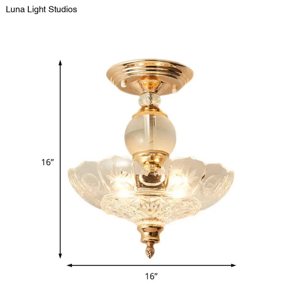Modern Ribbed Glass Semi Flush Mount Light In Black/Gold - 12’/16’ Diameter 1 Crystal Ceiling Lamp
