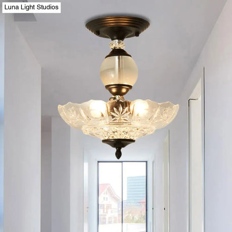 Modern Ribbed Glass Semi Flush Mount Light In Black/Gold - 12’/16’ Diameter 1 Crystal Ceiling