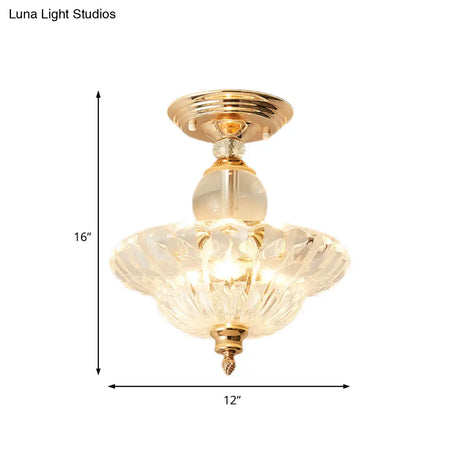 Modern Ribbed Glass Semi Flush Mount Light In Black/Gold - 12’/16’ Diameter 1 Crystal Ceiling Lamp