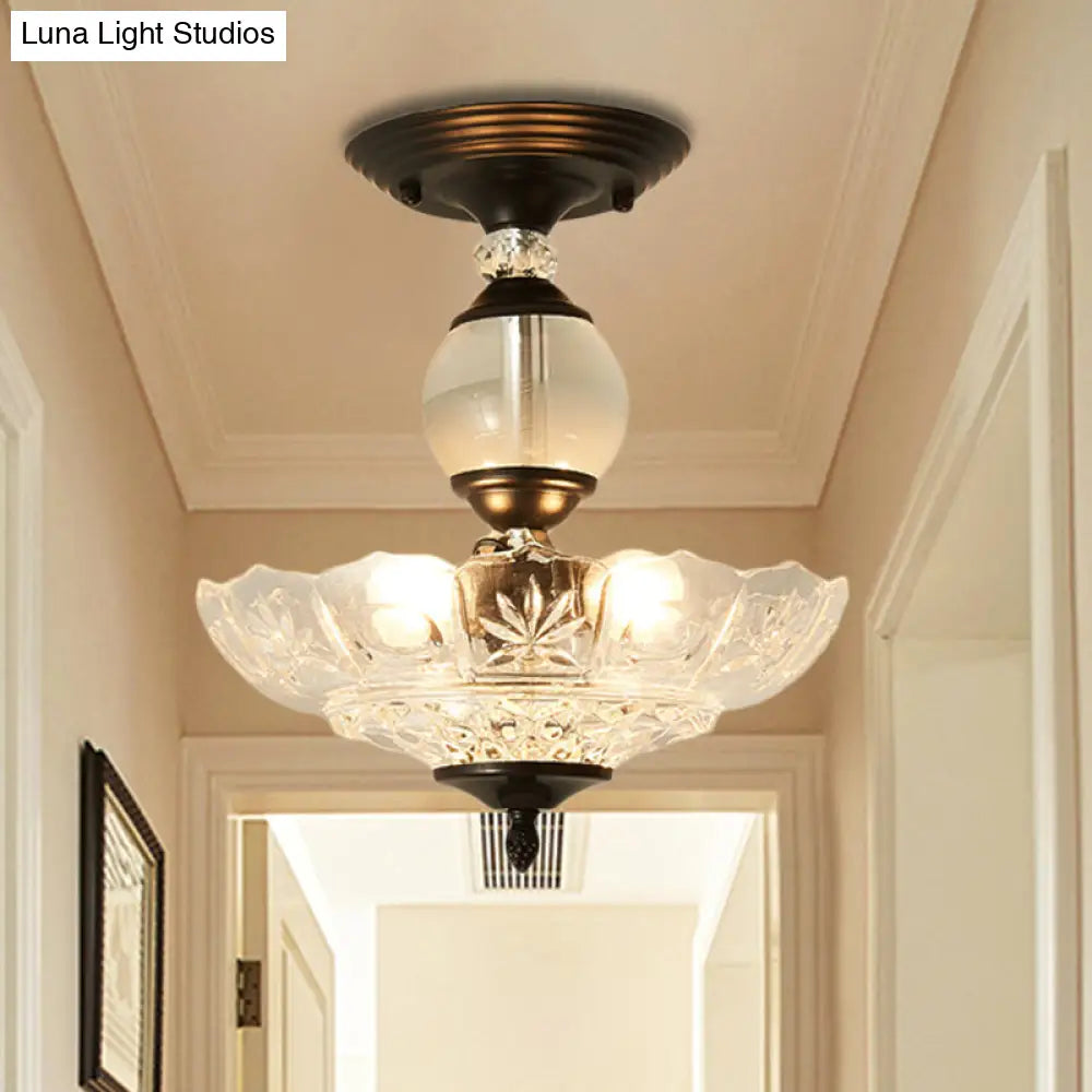 Modern Ribbed Glass Semi Flush Mount Light In Black/Gold - 12’/16’ Diameter 1 Crystal Ceiling Lamp