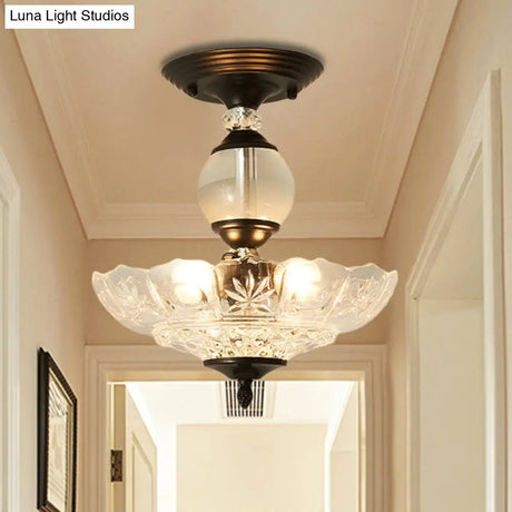 Modern Ribbed Glass Semi Flush Mount Light In Black/Gold - 12’/16’ Diameter 1 Crystal Ceiling Lamp